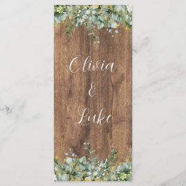 Menu Rustic Gold Eucalyptus & White Floral Wood Wedding