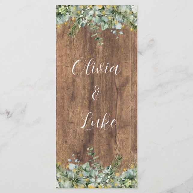 Menu Rustic Gold Eucalyptus & White Floral Wood Wedding (Frente)