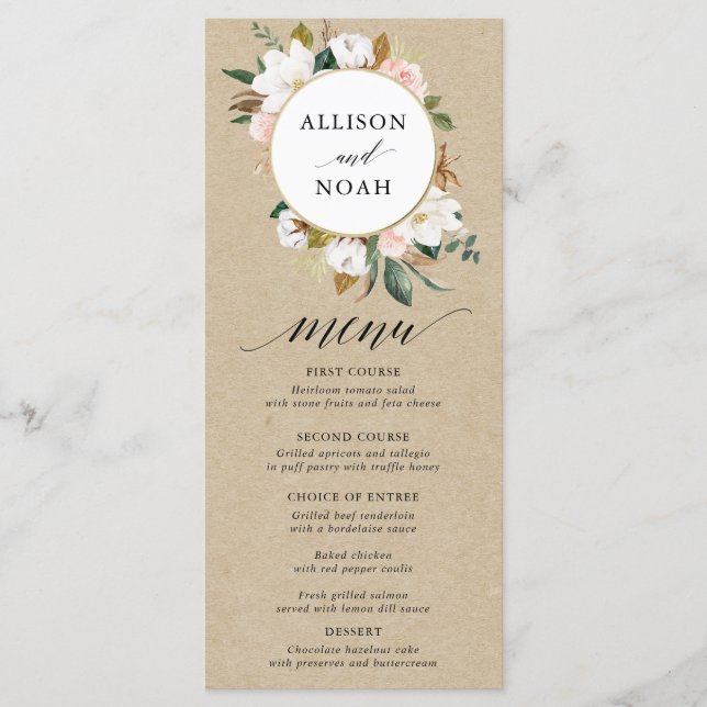 Menu Rustic magnolia floral branco (Frente)