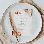 Menu Rustic Orange Boho | Watercolor Blush Wedding<br><div class="desc">These beautiful and romantic wedding menus feature trendy boho style and elegant burgundy calligraphy. Rustic bohemian bouquets of orange,  peach,  blush,  and taupe flowers and neutral botanical leaves decorate the corners,  with matching subtle watercolor splashes on a soft blush background.</div>