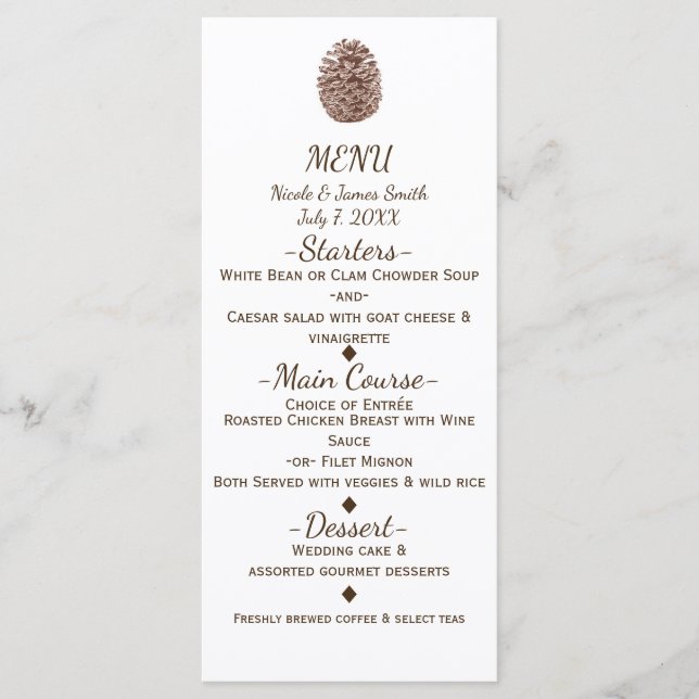 Menu Rustic Pine Cone Elegant Country Weding (Frente)
