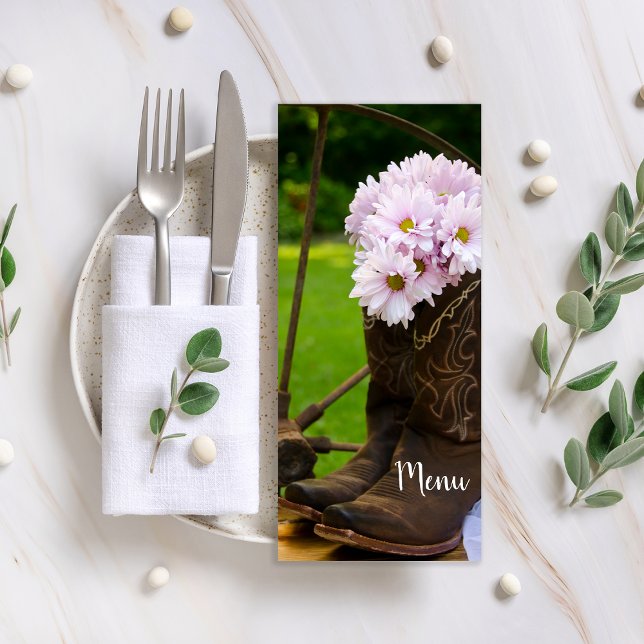 Menu Rustic Pink Daisies Cowboy Boots Western Wedes (Criador carregado)