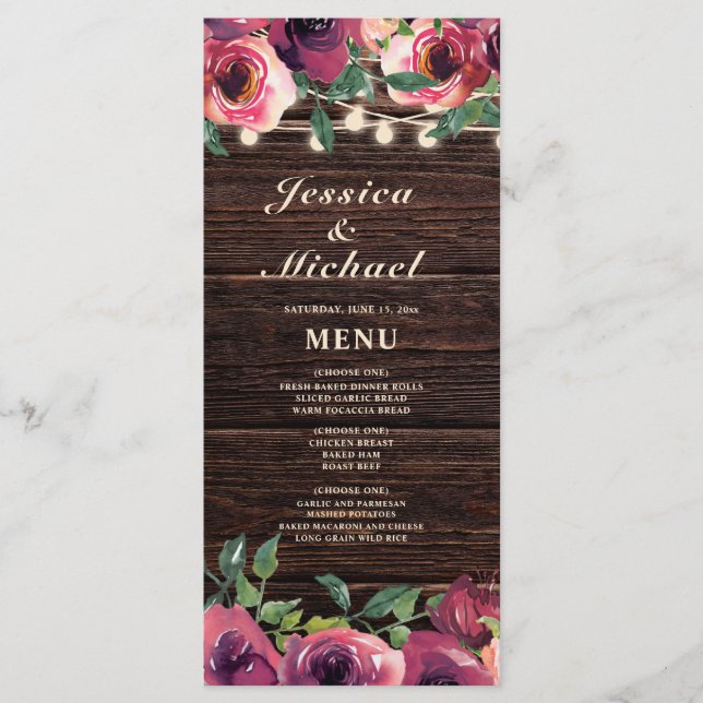 Menu Rustic String Lights Burgundy Floral WedMenu (Frente)