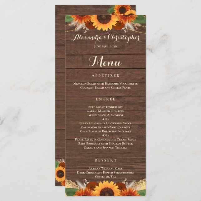 Menu Rustic Sunflower Terracotta Rosa Boho Weding (Frente/Verso)