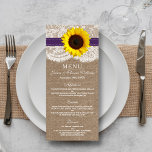 Menu Rustic Sunflower Weding<br><div class="desc">A coleção de girassol rústico é uma design impressionante que apresenta um adorável fundo de efeito de burvolta rústico com uma trim romântica de efeito de renda branca vintage acabada com um girassol e fita roxa atordoante. Esses menus podem ser personalizados para sua ocasião especial e fariam a modelo perfeita...</div>