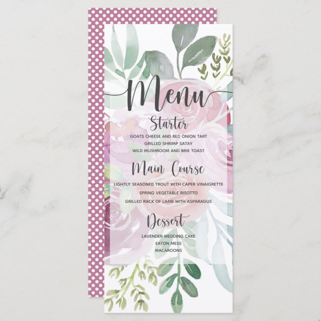 Menu Rustic Watercolor Dusty Rosa & Burgundy Casamento (Frente/Verso)