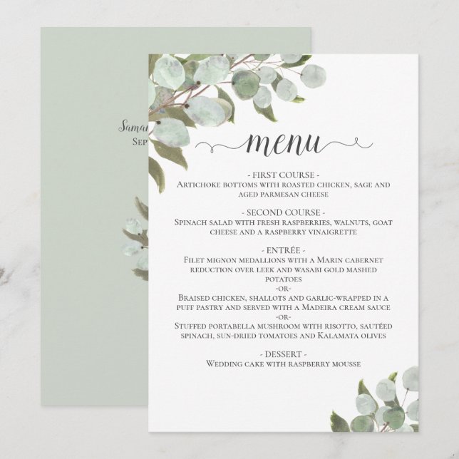 Menu Rustic Watercolor Eucalyptus Deixa Casamento Sage (Frente/Verso)