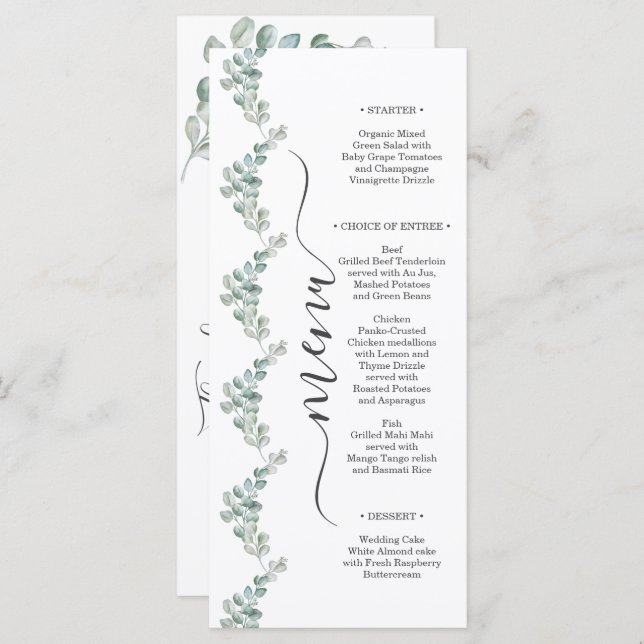 Menu Rustic Watercolor Eucalyptus Greenery Wedding (Frente/Verso)