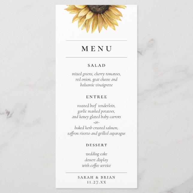 Menu Rustic Watercolor Sunflower Modern Weding (Frente)