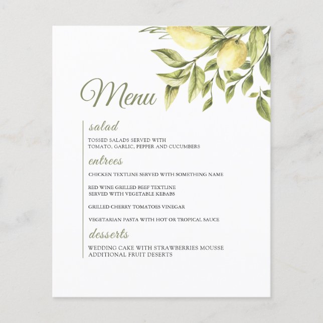 Menu Rustic Wedding Lemon Greenery (Frente)