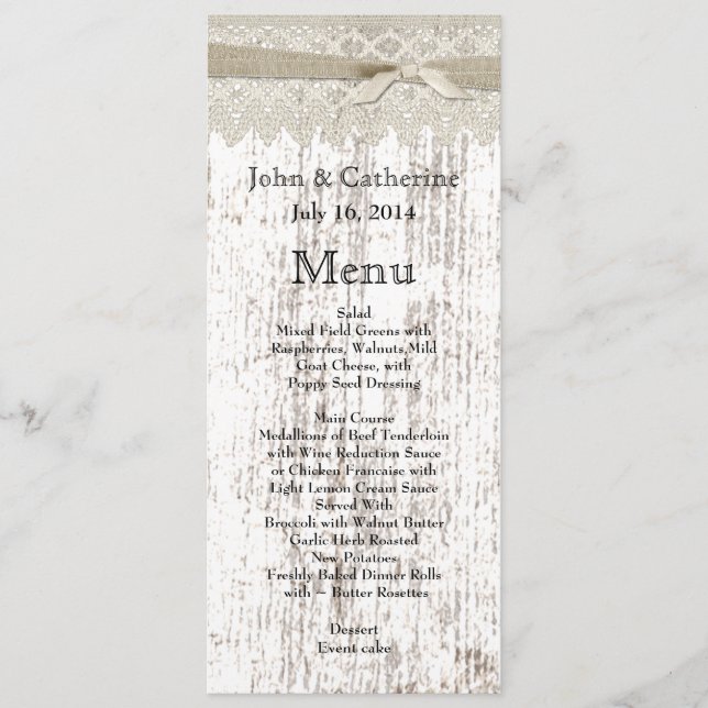 Menu Rustic White Washington Wood and Lace Wedding (Frente)