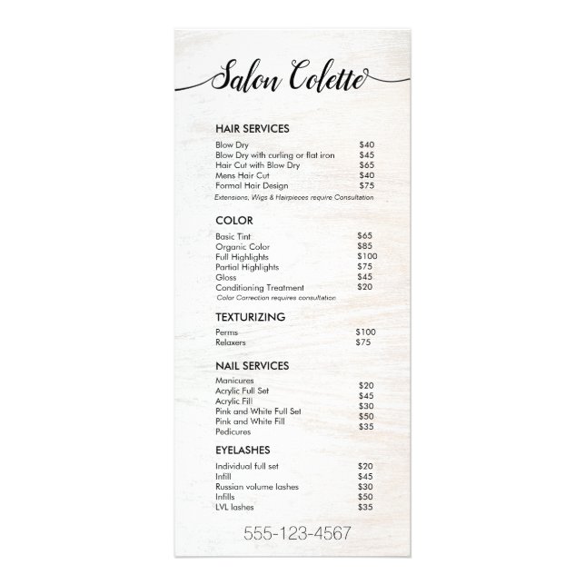 Menu Rustic White Wood Signature Salon Service (Frente)