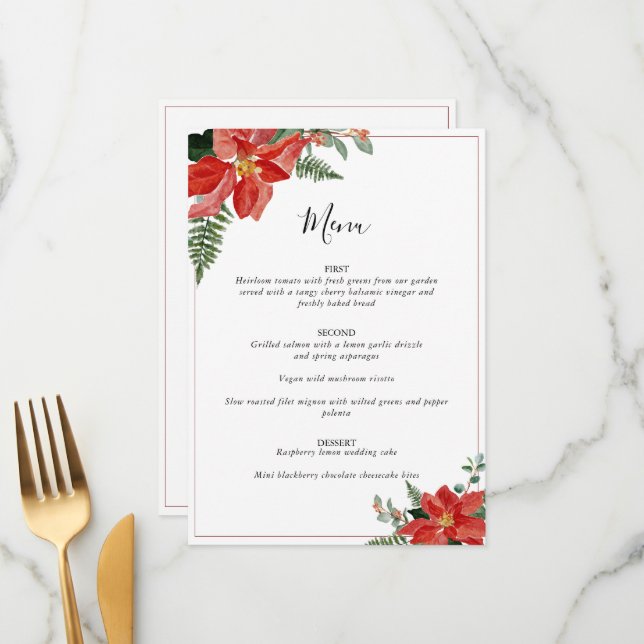 Menu Rustic Winter Poinsettia Red Christmas Wedding (Frente/Verso In Situ)