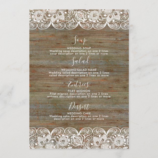 Menu Rustic Wood White Lace Weding Menu (Frente)