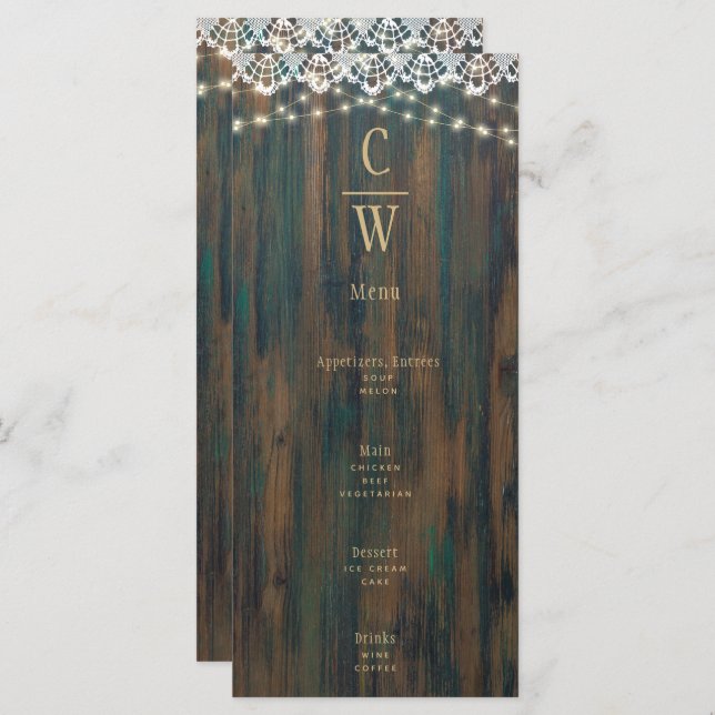 Menu Rústica Lace De Madeira Luz Dourada Casamento De T (Frente/Verso)