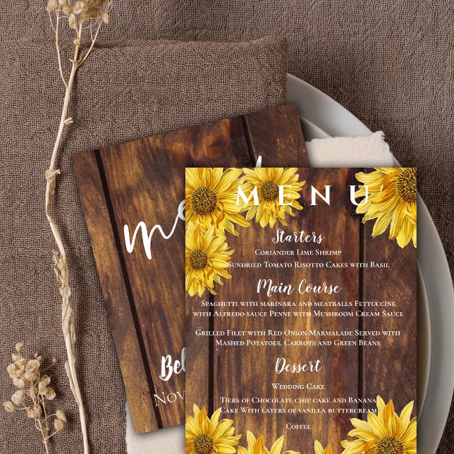 Menu Rústico de Casamento outono de Madeira Amarel (Rustic Wood Sunflower Yellow Wedding Party Menu)