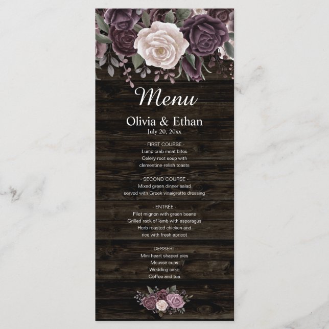 Menu Rústico Rosa com Púrpura Aquarela Floral em Madeir (Frente)