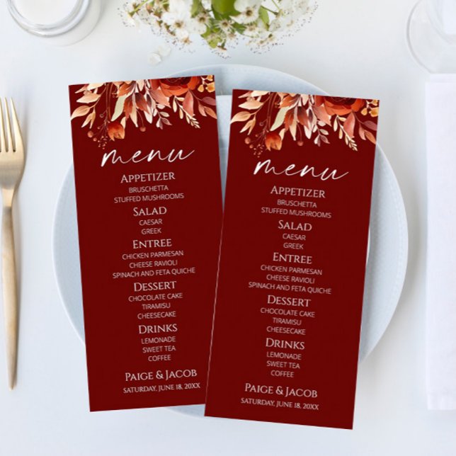 Menu Rusty Burgundy Brown Floral Flower Casamento (Criador carregado)