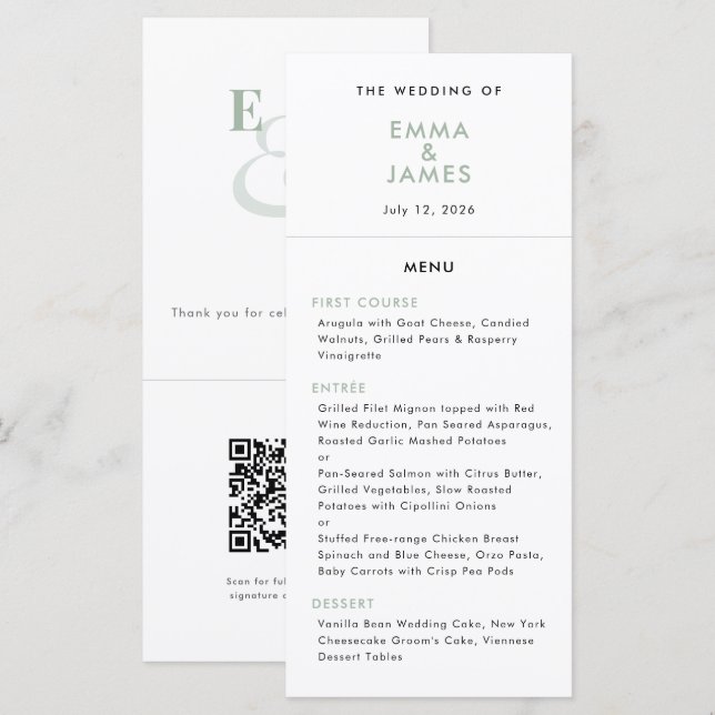 Menu Sage Ampersand Casamento | Código QR | Elegante (Frente/Verso)