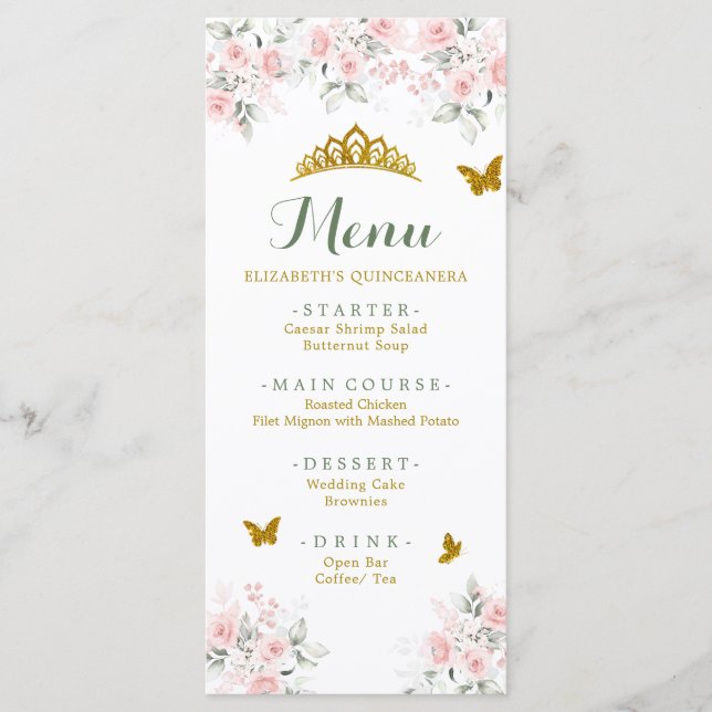 Menu Sage Green Blush Floral Borboleta Floral Quinceañe (Frente)
