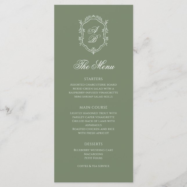 Menu Sage Green Botanical Monograma Crest Casamento (Frente)