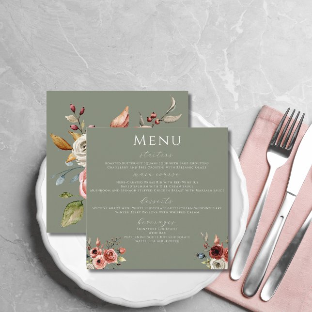 Menu Sage Green Elegant Floral Square Casamento (Criador carregado)