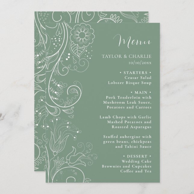 Menu Sage Green Elegant Floral Wedding (Frente/Verso)
