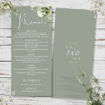 Menu Sage Green Floral Greenery Monograma Janto Casado<br><div class="desc">Este elegante sábio verde botânico floral deixa o menu de casamento pode ser personalizado com suas informações em tipografia quic com suas iniciais de monograma no verso. Projetado por Thisnotme©</div>