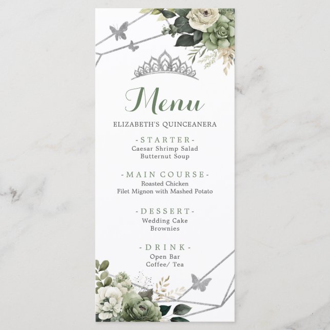 Menu Sage Green Floral Princess Quinceañera 15 (Frente)