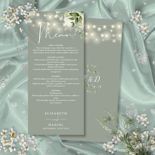 Menu Sage Green Floral String Luzes Janto de Casamento (Sage Green Floral String Lights Wedding Dinner Menu)