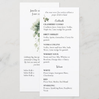 Menu Sage Green Floral Wedding Cocktail and Wine List |
