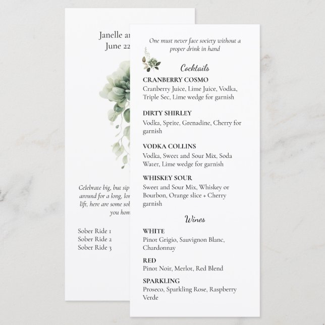 Menu Sage Green Floral Wedding Cocktail and Wine List | (Frente/Verso)