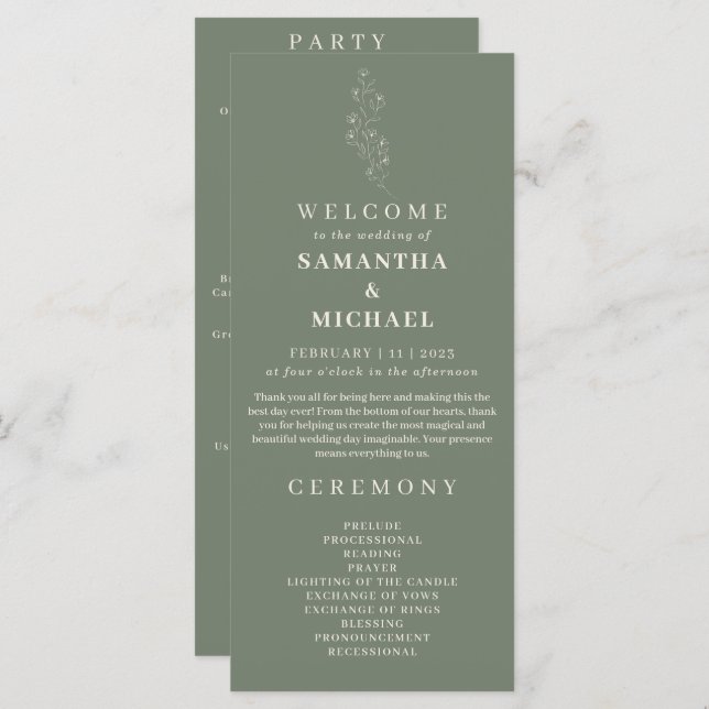 Menu Sage Green Flower Tiny Floral Weding Program (Frente/Verso)