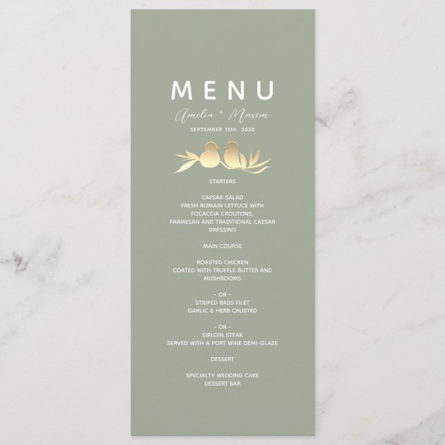 Menu Sage Green Gold Lovebirds Wedding (Frente)
