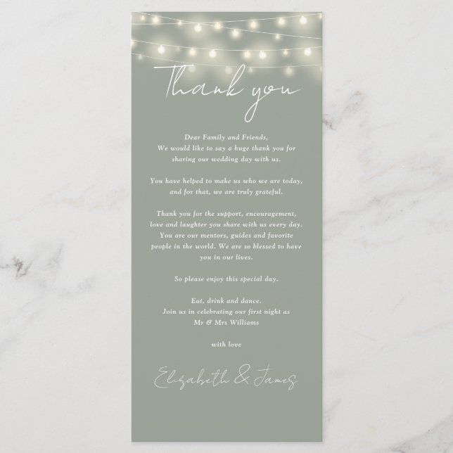 Menu Sage Green Lights Casamento Obrigado Place Card (Frente)
