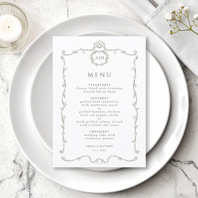 Menu Sage Green Modern Classic French Frame Wedding  (Criador carregado)