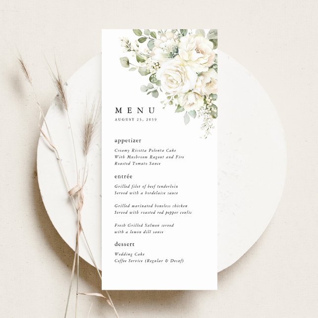 Menu Sage Green White Floral Watercolor Wedding Dinner (Sage green white floral wedding menu card, watercolor roses elegant reception stationery, flat lay)