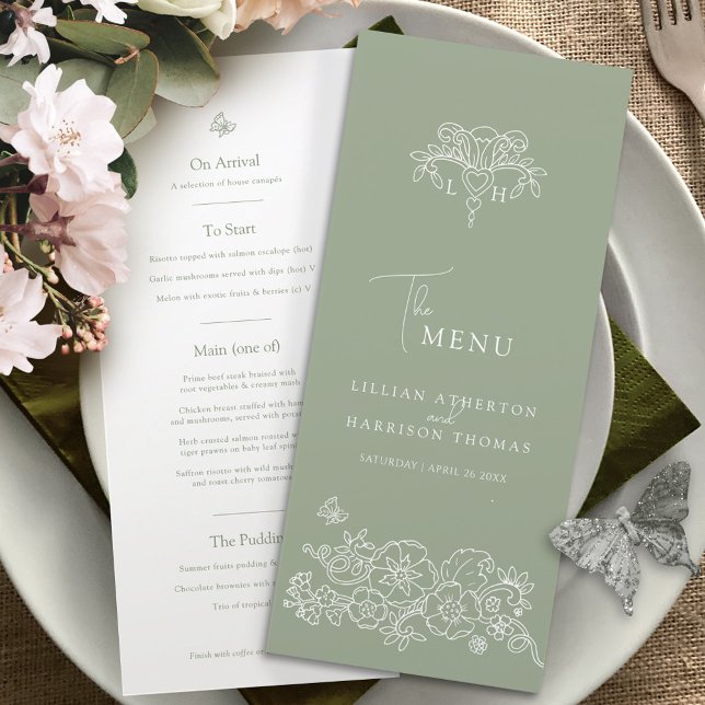 Menu Sage green white monograma fleur de lis casamento (Criador carregado)