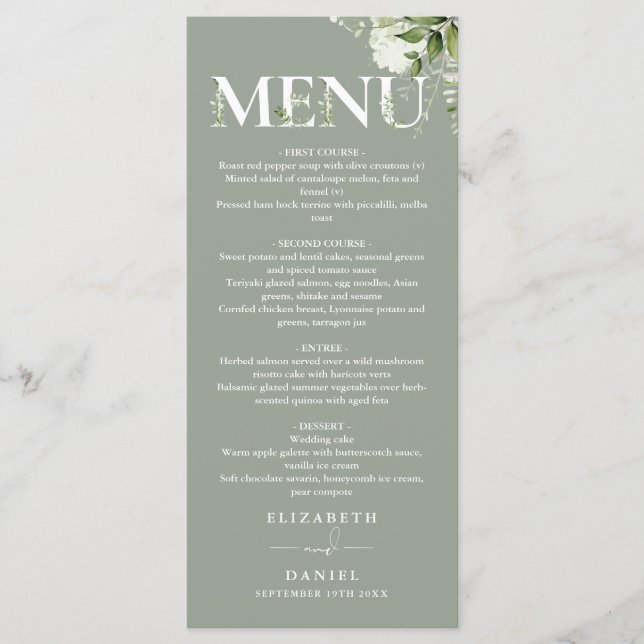 Menu Sage Greenery Tipografia Floral Monograma Casament (Frente)