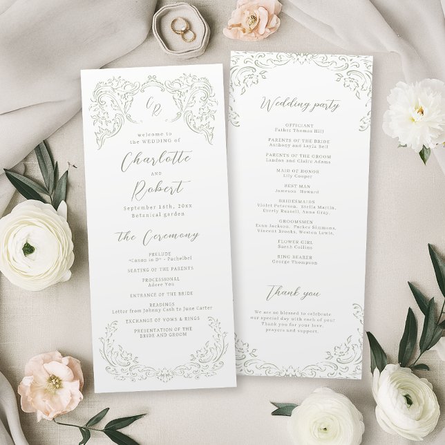 Menu Sage Vintage Flourish Monograma Wedment (Sage Vintage Flourish Monogram Wedding Program)