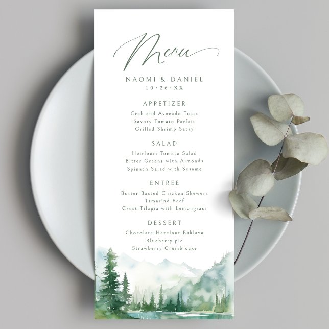 Menu Sage Watercolor Mountain Forest Rustic Wedding (Sage Watercolor Mountain Forest Rustic Wedding Menu)