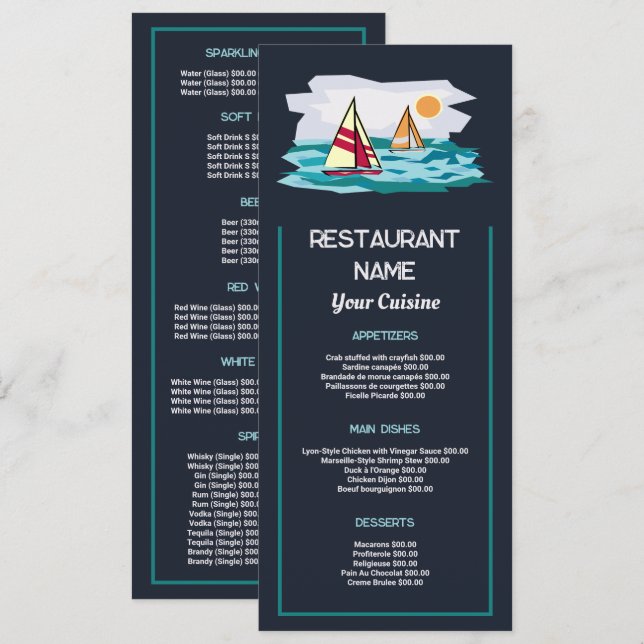 Menu Sailboat Sunrise, Restaurante Slimline (Frente/Verso)