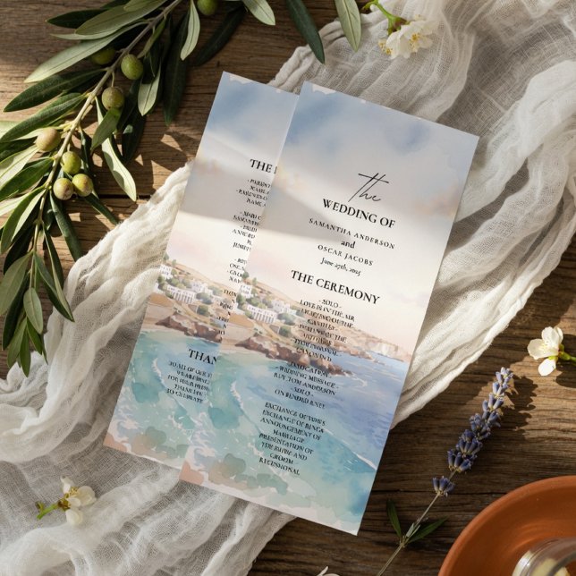Menu Santorini Wedding Program Template | Mediterranean (Criador carregado)