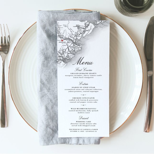 Menu Savannah GA Mapa Elegante Marinho Casamento Branco (Savannah GA Map Wedding Menu in Elegant Black and White from Coastal Map Designs)