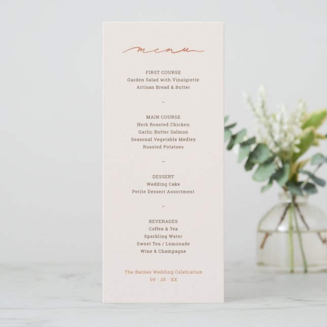 Menu Script de Letra à Mão para Casamento (Em pé/Frente)
