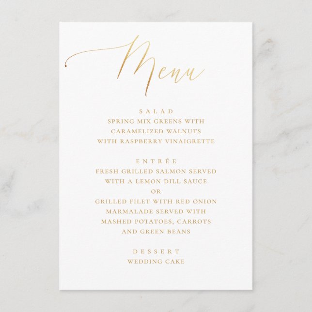 Menu Script Dourado formal | Casamento Elegante Minimal (Frente)