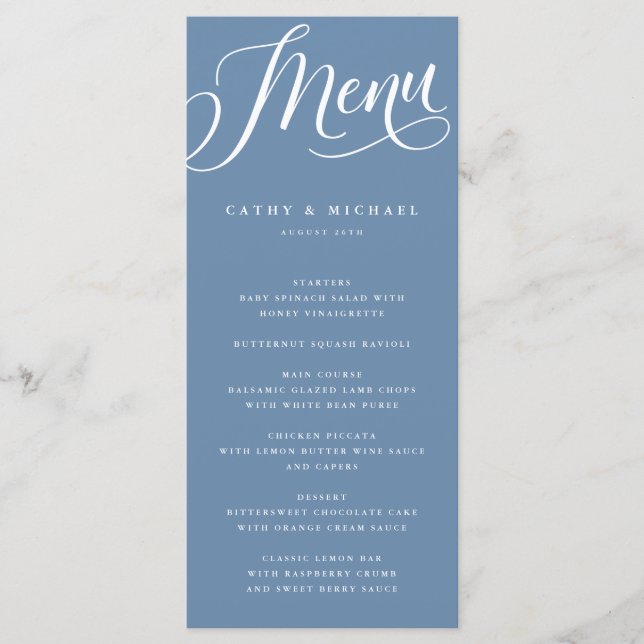 Menu Script Flourish Moderno, Azul Dusty (Frente)