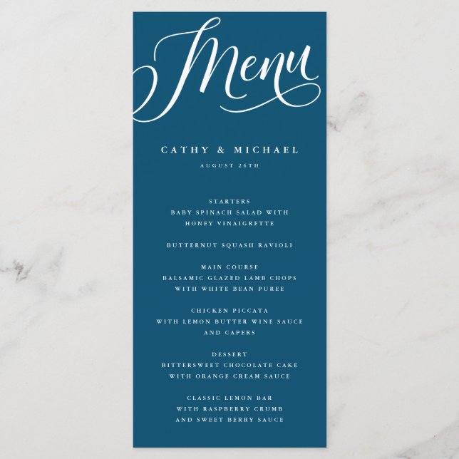 Menu Script Flourish moderno, azul escuro (Frente)