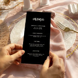 Menu Script Minimalista Moderno Preto | Casamento<br><div class="desc">Este elegante e mínimo cartão de cardápio de casamento apresenta uma tipografia moderna de escrita e texto limpo,  branco,  sans serif em um fundo preto escuro para um simples e na moda design que você vai adorar.</div>