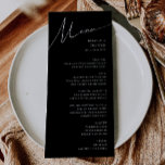 Menu Script Minimalista Whimsical | Casamento Negro<br><div class="desc">Este guião minimalista O menu preto de casamento é perfeito para o seu casamento clássico, simples, preto e branco, mínimo e moderno. A design apresenta uma caligrafia elegante, delicada e romântica escrita à mão com tipografia formal do chique. O olhar vai correr bem em qualquer época de casamento: primavera, verão,...</div>